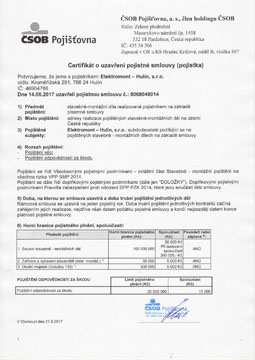 Certifikát o uzavření pojistné smlouvy – Elektromont – Hulín