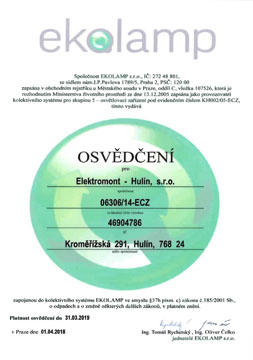 Osvědčení ekolamp – Elektromont – Hulín